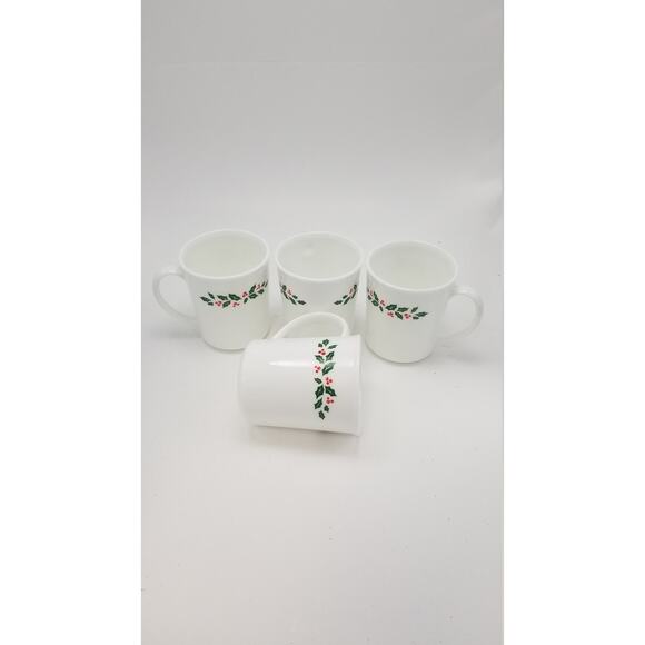 4 Corning Winter Holly Mugs, Milk Glass Corelle Cups, Berries White Stem - Picture 1 of 3